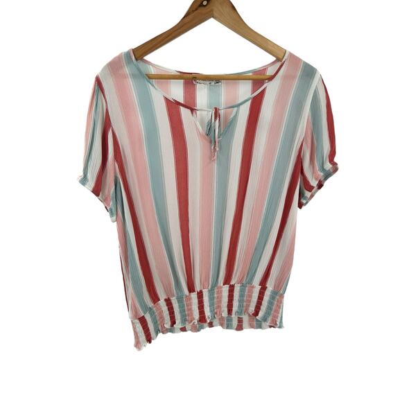 Striped Multicolor Pink Rose Tie Front Top Large Elastic Hem - Picture 1 of 9